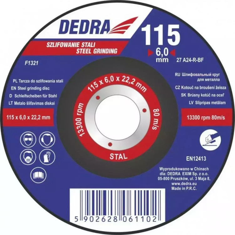 DEDRA Šlifavimo diskas plienui išgaubtas 115x6,0x22,2 F1321